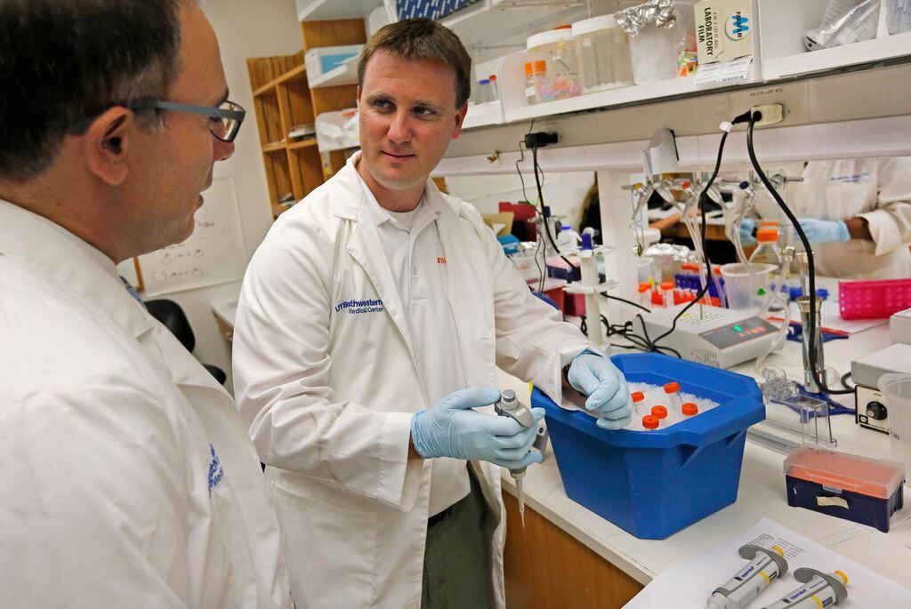 Dr. Berge Minassian, left, and Steve Gray, PhD, who design custom gene therapy treatments...
