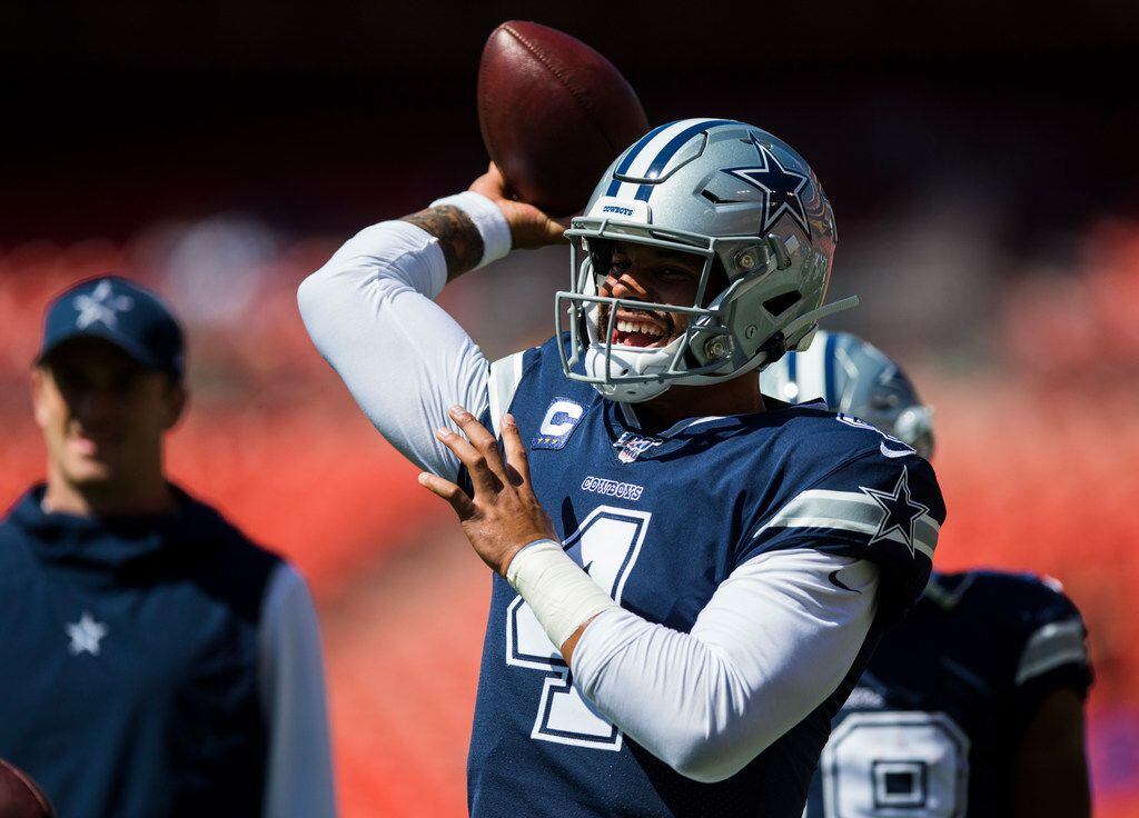 Dallas Cowboys quarterback Dak Prescott (4) warms up before an NFL game between the Dallas Cowboys and the Washington Redskins on Sunday, September 15, 2019 at FedExField in Landover, Maryland.