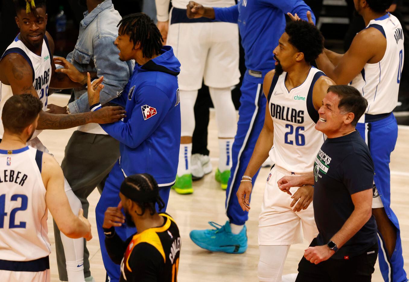Dallas Mavericks owner Mark Cuban celebrates after the team defeated the Utah Jazz in game 6...