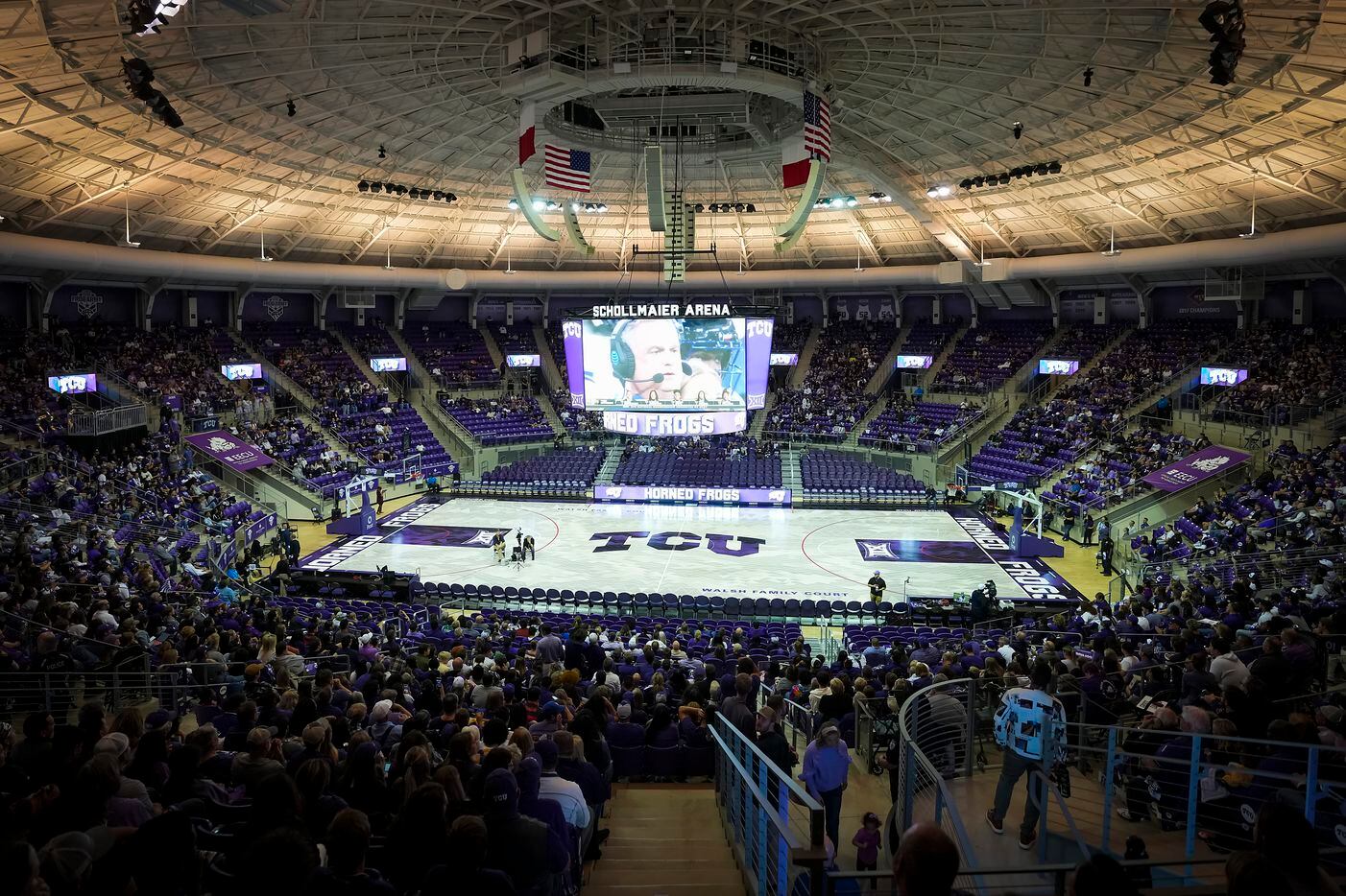 TCU fans fill the school’s basketball arena for a College Football Playoff National...