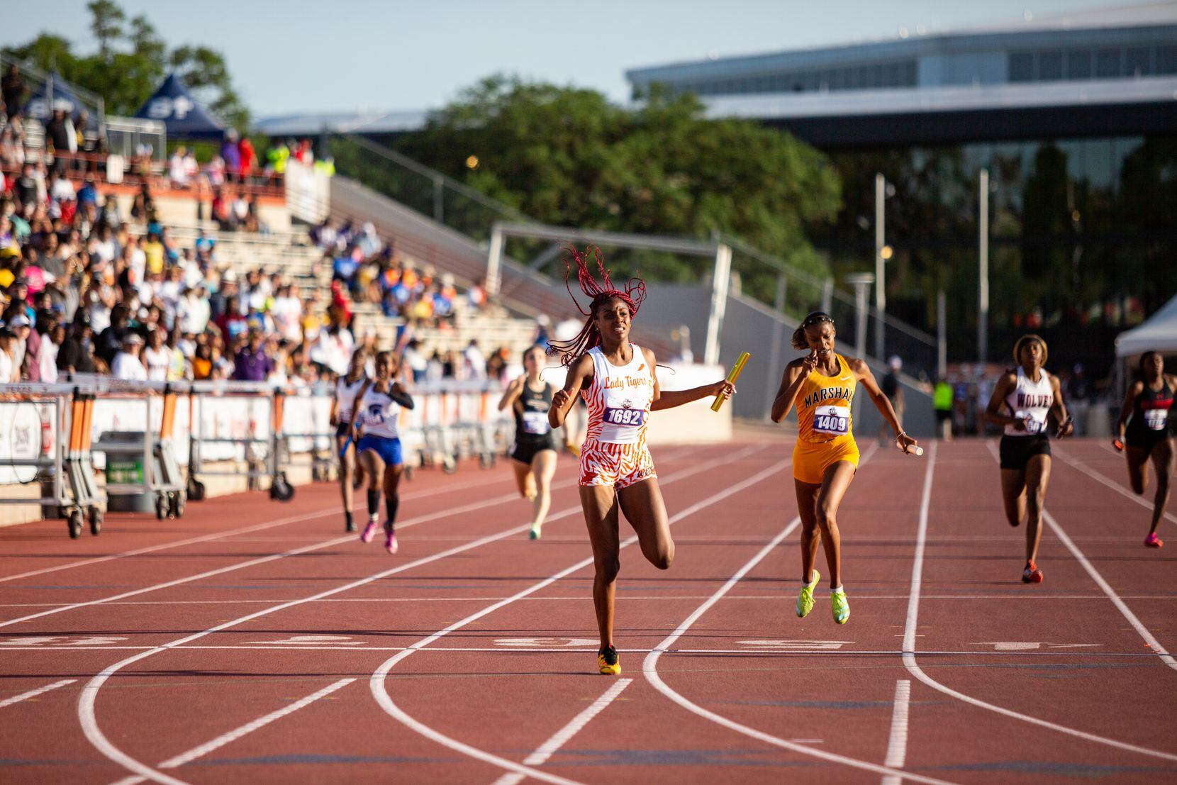 Lancaster’s Kelaiah Daniyan crosses the finish line during the girls’ 4x200 relay final at...