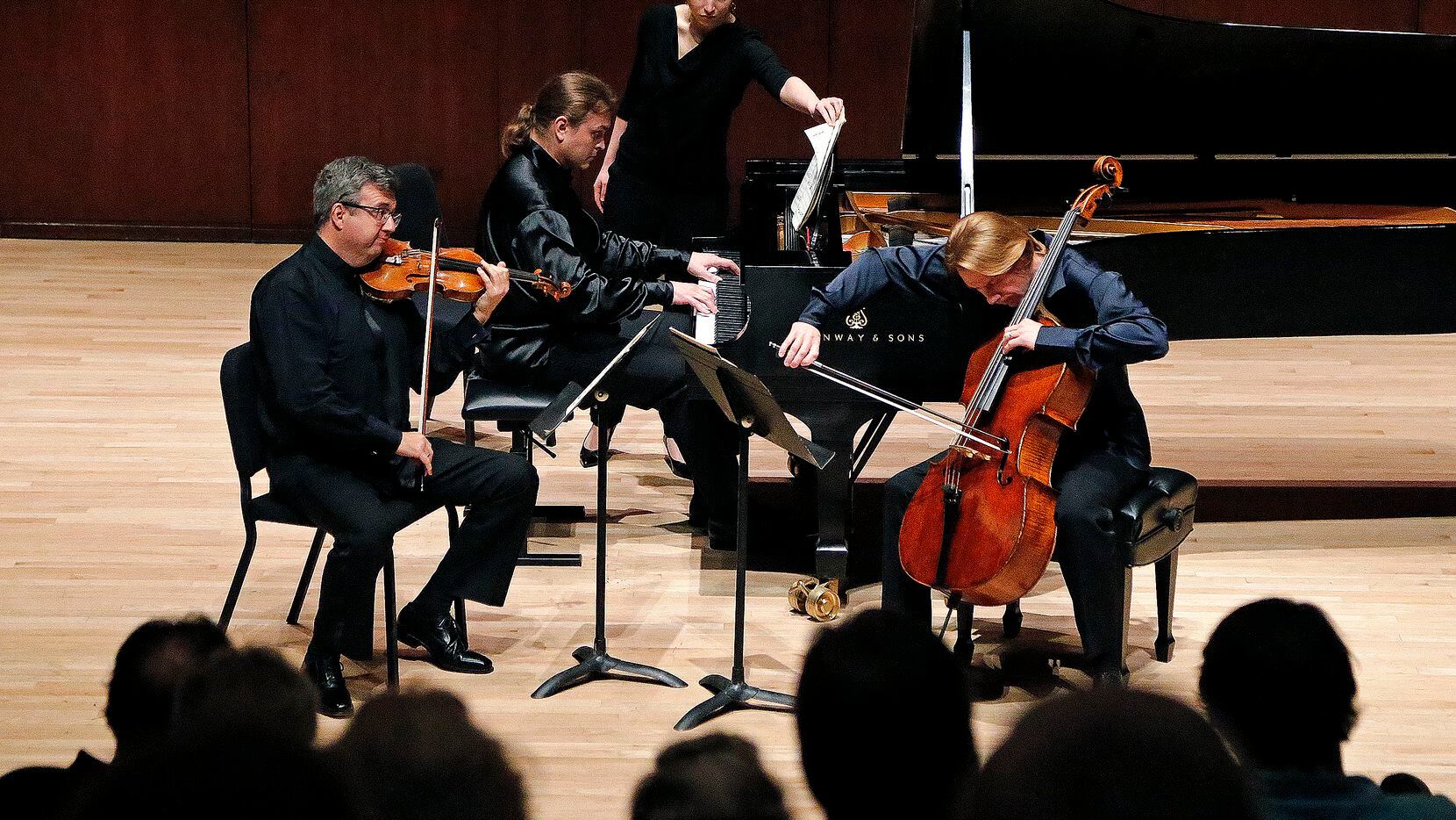 The Hermitage Piano Trio -- violinist Misha Keylin, cellist Sergey Antonov and pianist Ilya Kazantsev -- performed at Caruth Auditorium on the SMU Campus in Dallas on Monday, November 8, 2021.