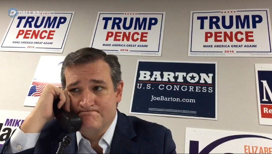 A video screen shot shows Sen. Ted Cruz volunteering last week at a phone bank in Fort Worth. 