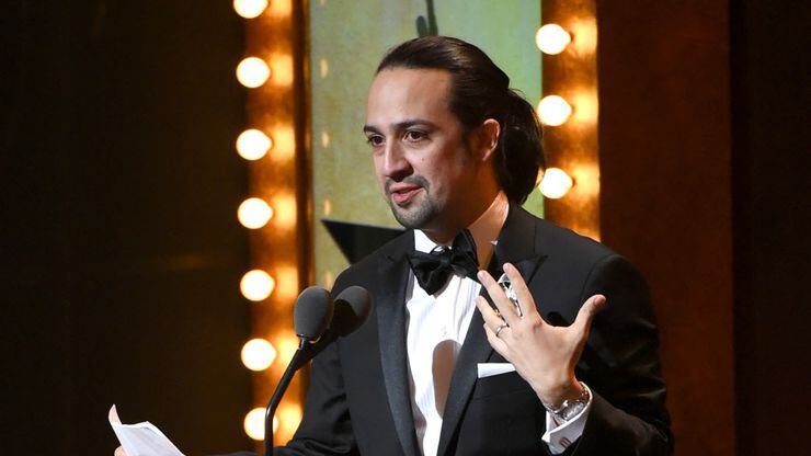 Lin-Manuel Miranda accepts the award for best original  score for  "Hamilton" at the Tony...