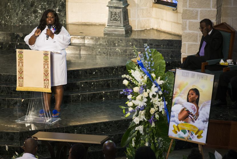 Stephanie Houston, mother of Muhlaysia Booker, speaks at her daughter's funeral service...