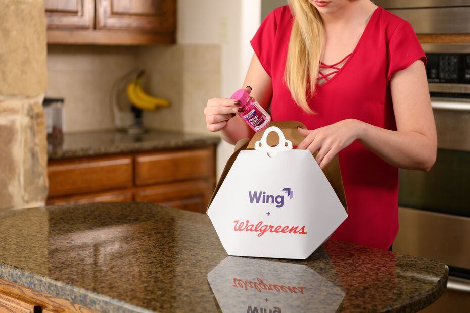 Closeup of the Walgreens and Wing drone carrier. It's made of recyclable cardboard that’s...