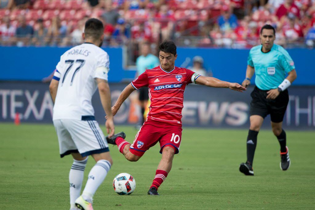 FC Dallas midfielder Mauro Diaz (10) kicks the ball during MLS match between the Vancouver...