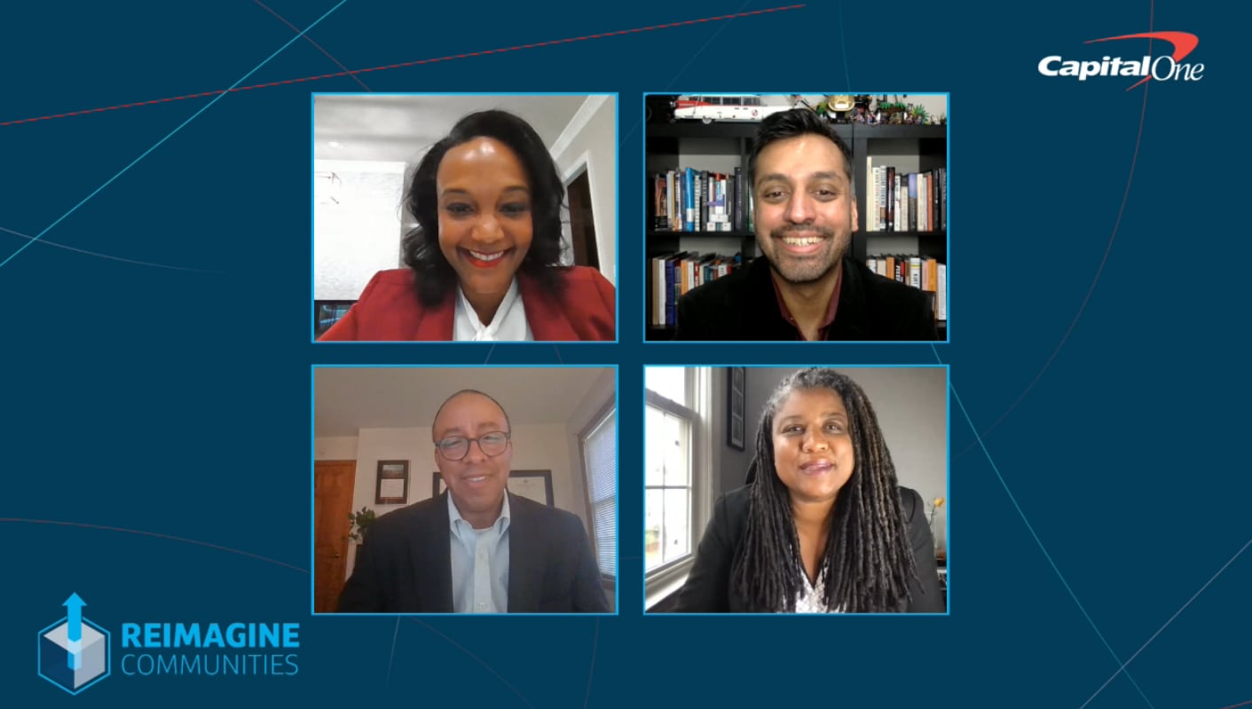 A screenshot of a video call between four panelists of the 2021 Reimagine Communities Summit.