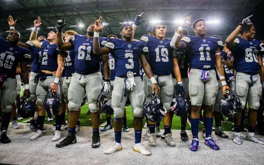 Frisco Lone Star sing the school song after a 63-14 win over Frisco Independence on Thursday, October 10, 2019 at the Ford Center at The Star in Frisco.