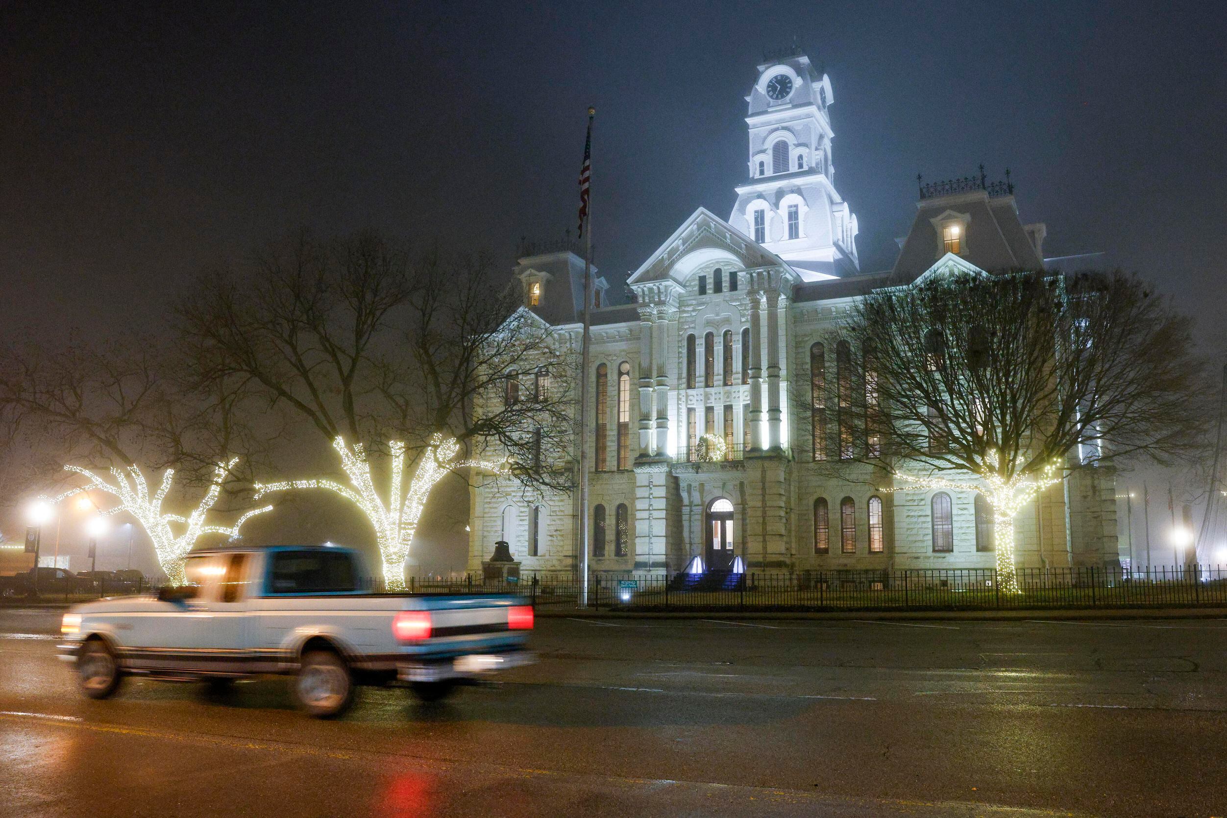 The Hill County Courthouse is seen on a foggy evening, Tuesday, Jan. 23, 2024, in Hillsboro,...