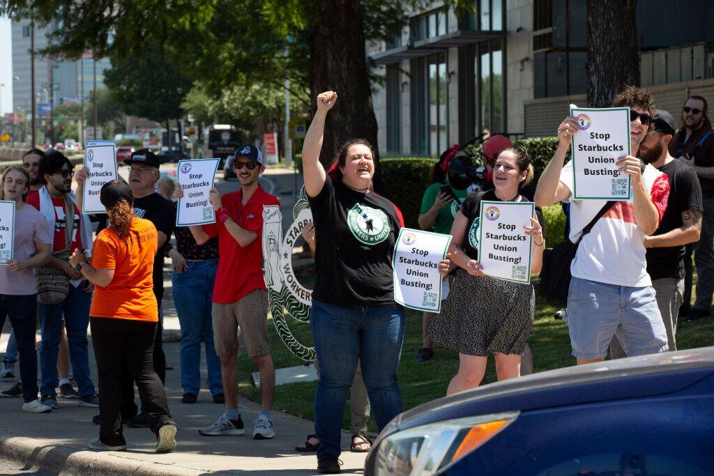 Nikita Russell (center) at a protest at the Mockingbird Station location in Dallas on...