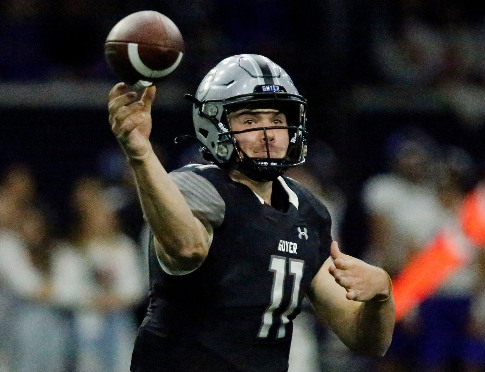 Guyer High School quarterback Jackson Arnold (11) throws a pass during the first half as Denton Guyer High School played Trophy Club Byron Nelson High School in a Class 6A Division II Region I semifinal football game at The Ford Center in Frisco on Saturday, November 27, 2021. (Stewart F. House/Special Contributor)
