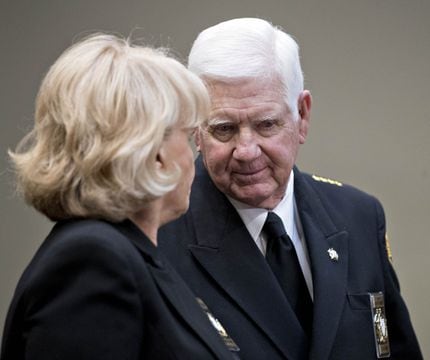 Rockwall County Sheriff Harold Eavenson talks with Sheriff Carolyn Welsh of  Chester County,...