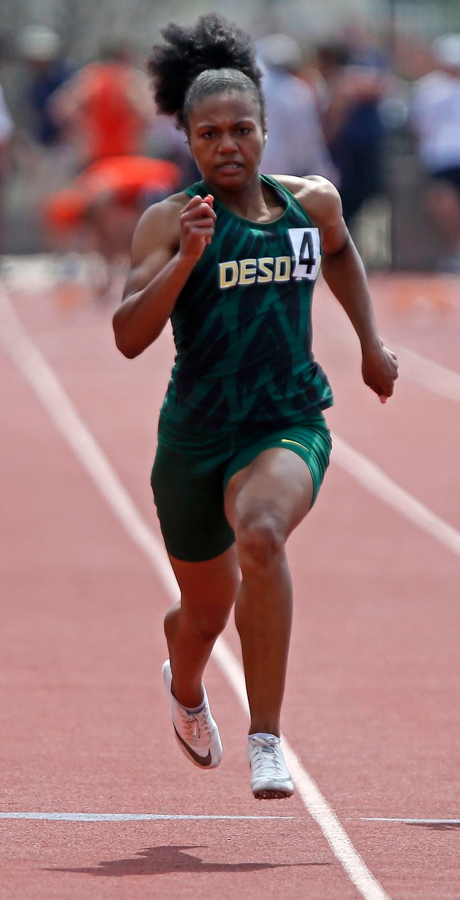 Jaera Griffin  18, of DeSotto High School, had the best time in the girls 100 meters during the Jesuit-Sheaner Relays held at Jesuit College Preparatory School in Dallas on Saturday, March 27, 2021. 