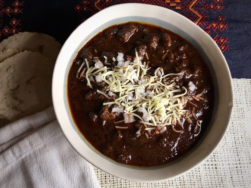 Texas chili, prepared by Leslie Brenner in her Dallas kitchen from her own recipe. It is...