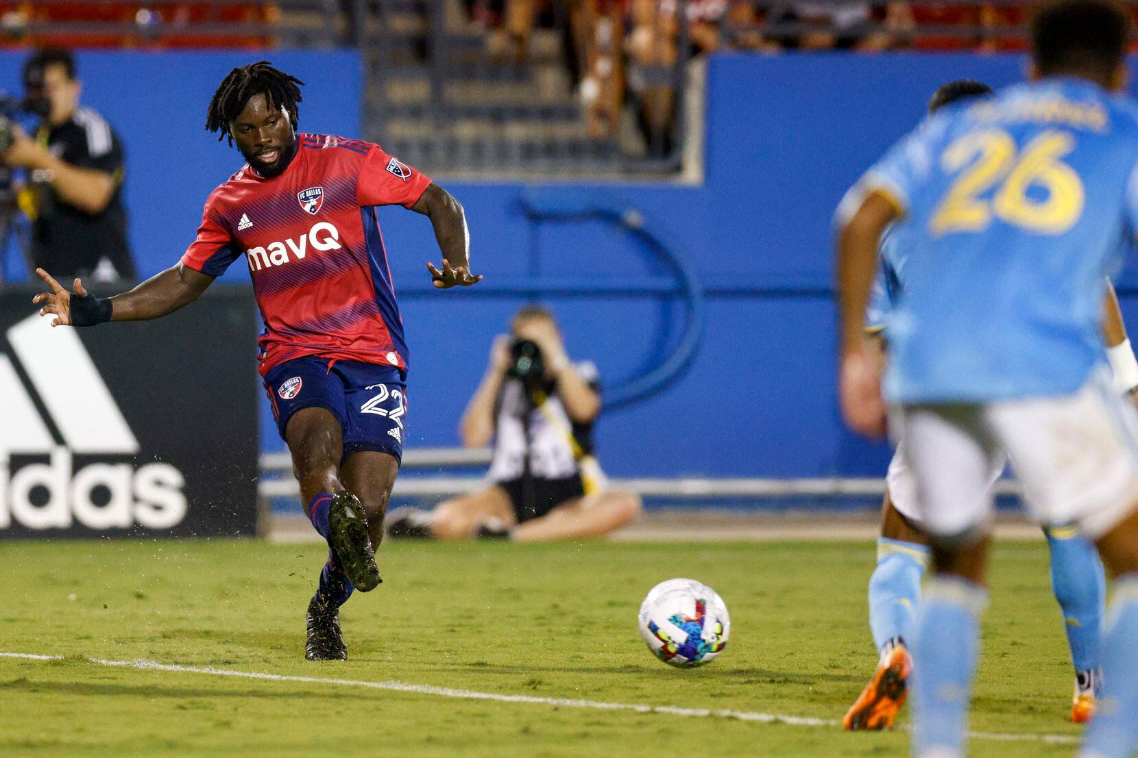 FC Dallas midfielder Ema Twumasi (22) passes the ball during the second half of a match...