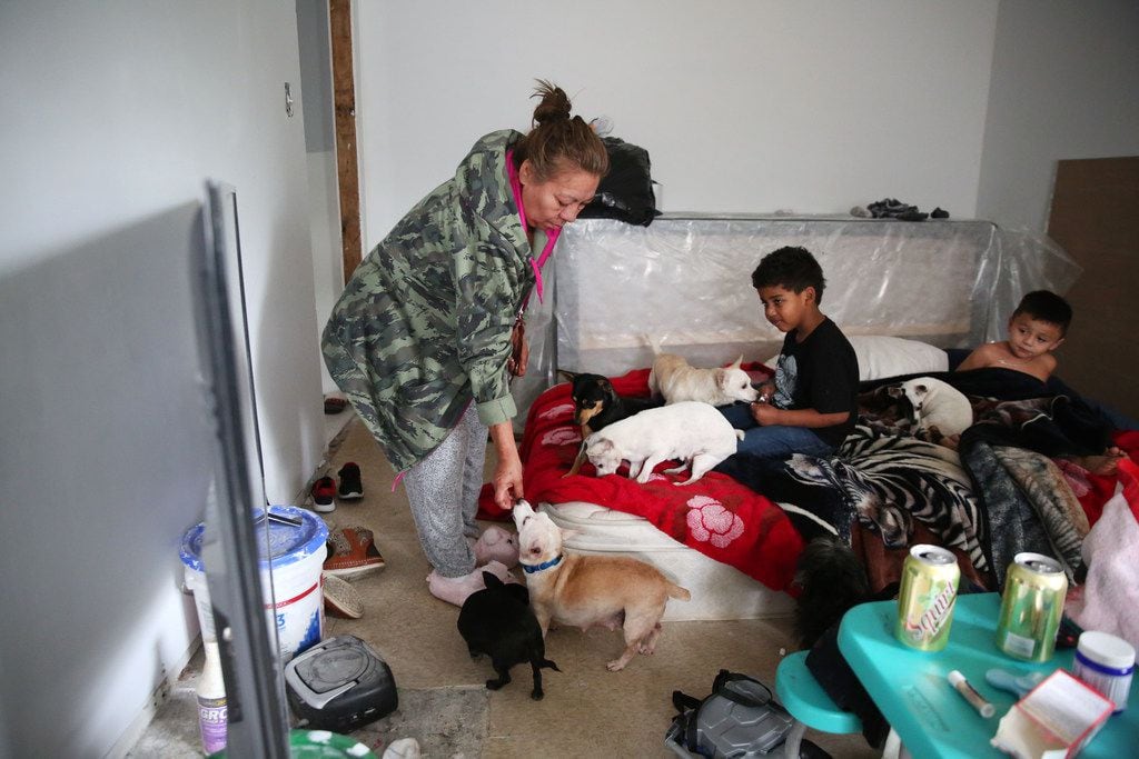 Petra Cervantes feeds marshmallows to her dogs while her grandsons Josiah Jackson, 4, (left)...