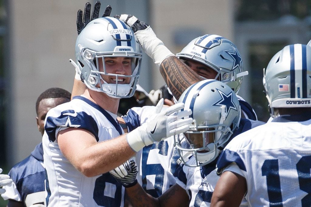 Dallas Cowboys tight end Dalton Schultz (86) celebrates after catching a touchdown pass from...