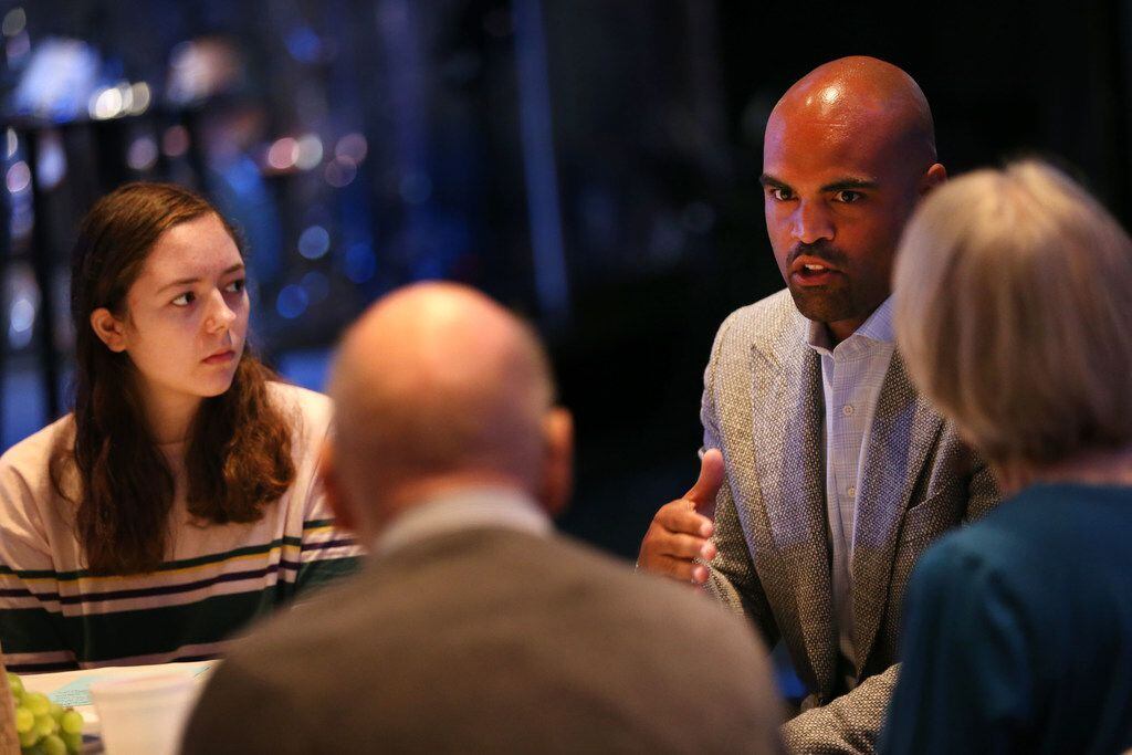 Colin Allred, Democratic candidate for U.S. Congress, speaks during a small group...