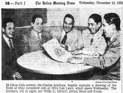 The five Cuellar brothers who opened El Chico are Willie J. (from left), Gilbert, Alfred,...