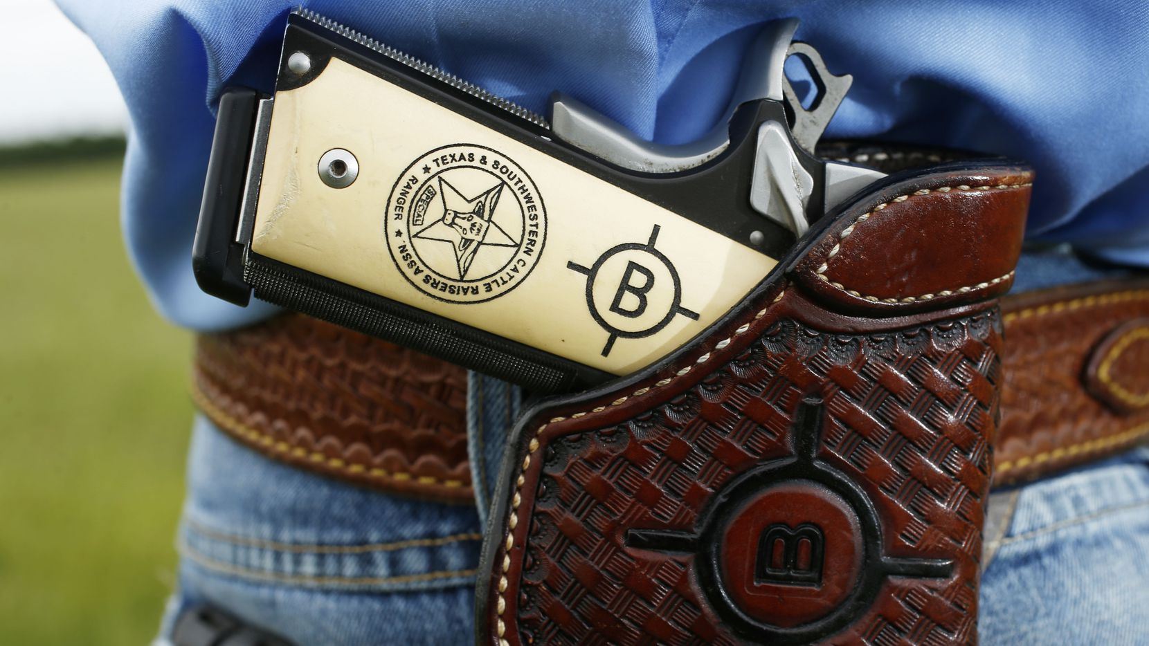 Detail of the pistol grip of Special Ranger John Bradshaw of the Texas and Southwestern...