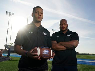 Coaches Chason Virgil and Demerick Gary on the football field at North Crowley High School in Crowley, Texas on Wednesday, November 4, 2020.