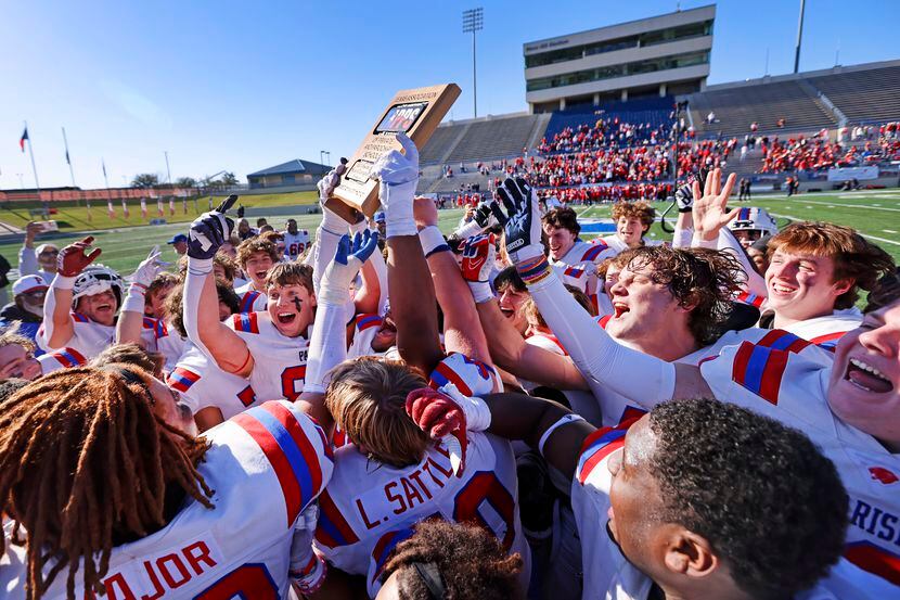 Parish Episcopal players celebrate their TAPPS Division I state championship win over...