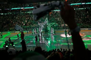 Dallas Stars players come out during introductions before the Game 1 of an NHL hockey...