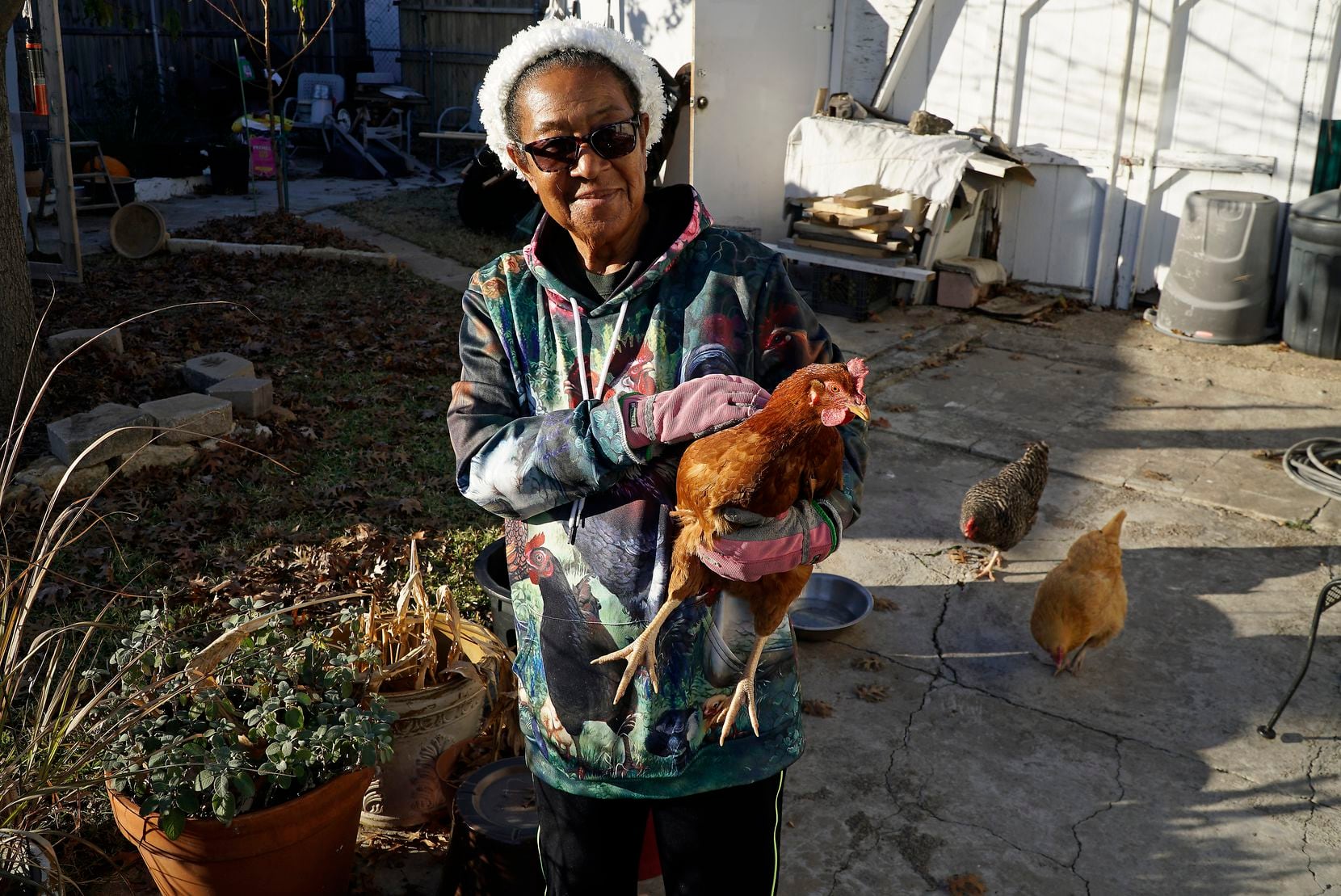 Anna Hill with her favorite chicken, Gertrude, in the backyard of her home in the Dolphin...