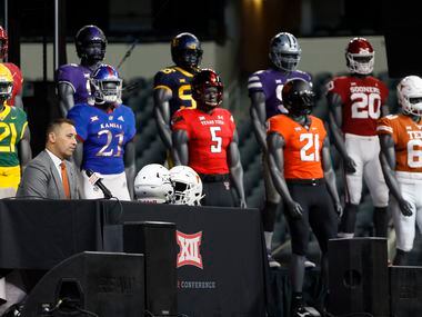 Texas head football coach Steve Sarkisian listens to a question during the Big 12 Conference...