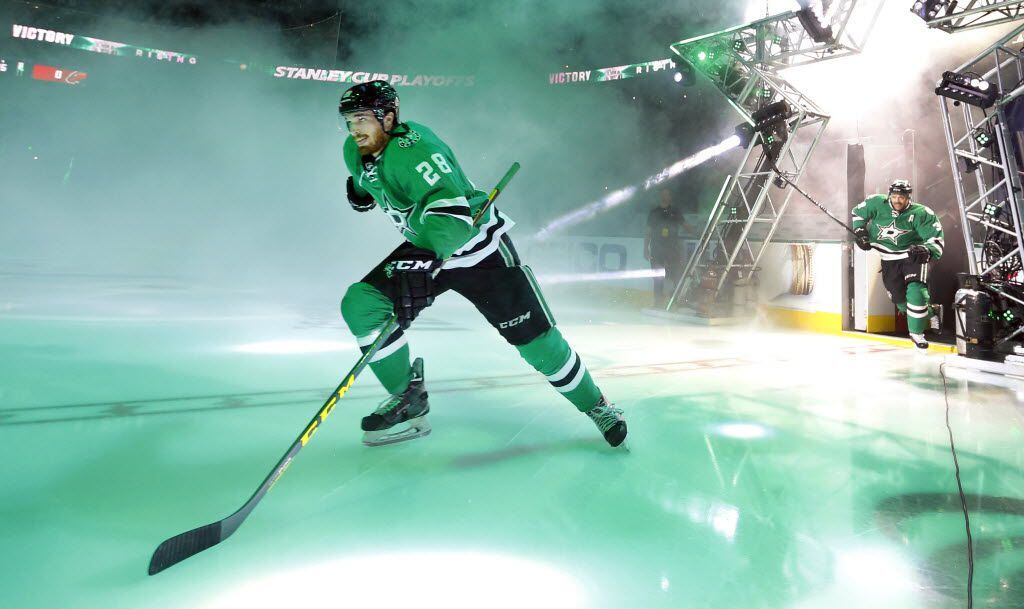 Dallas Stars defenseman Stephen Johns (28) takes the ice for Game 1 against the Minnesota...