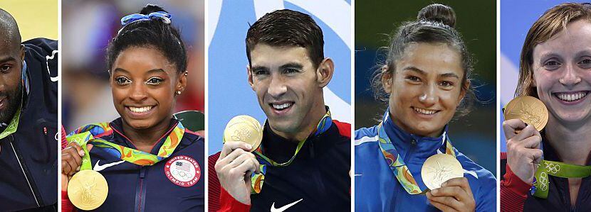De izq. a derecha. Teddy Riner de Francia, Simone Biles, Michael Phelps de Estados Unidos,...