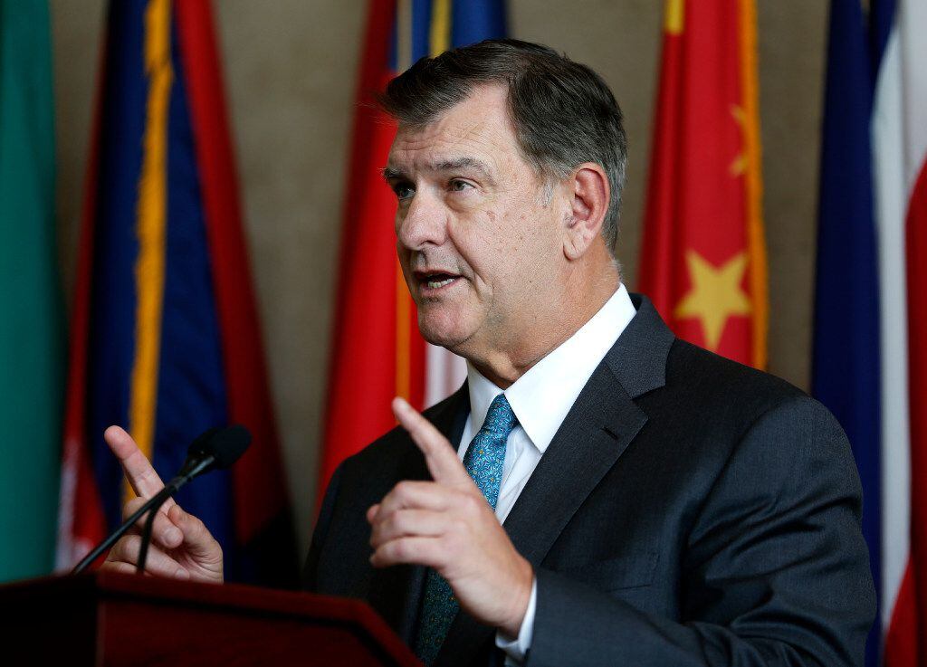 Dallas Mayor Mike Rawlings speaks on events in Charlottesville, Va. and local confederate...