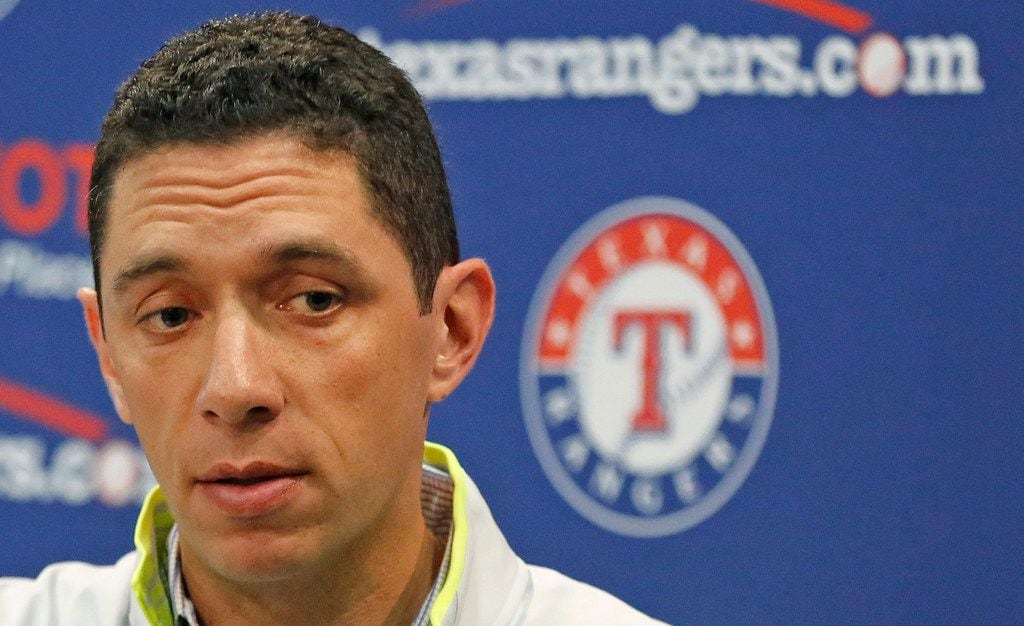 Texas Rangers general manager Jon Daniels holds his end-of-the-season press conference at...