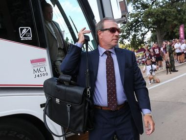 Texas A&M Aggies head coach Jimbo Fisher arrives with the team prior to a college football game between Texas A&M and Texas State on Thursday, Aug. 29, 2019 at Kyle Field in College Station, Texas.