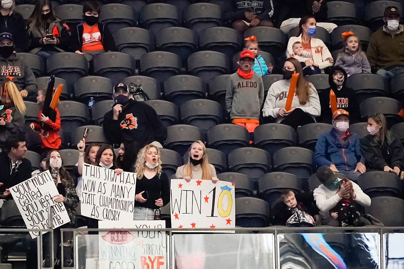 Aledo fans cheer their team, hoping for a 10th state title, during the first half of the Class 5A Division II state football championship game against Crosby at AT&T Stadium on Friday, Jan. 15, 2021, in Arlington. (Smiley N. Pool/The Dallas Morning News)