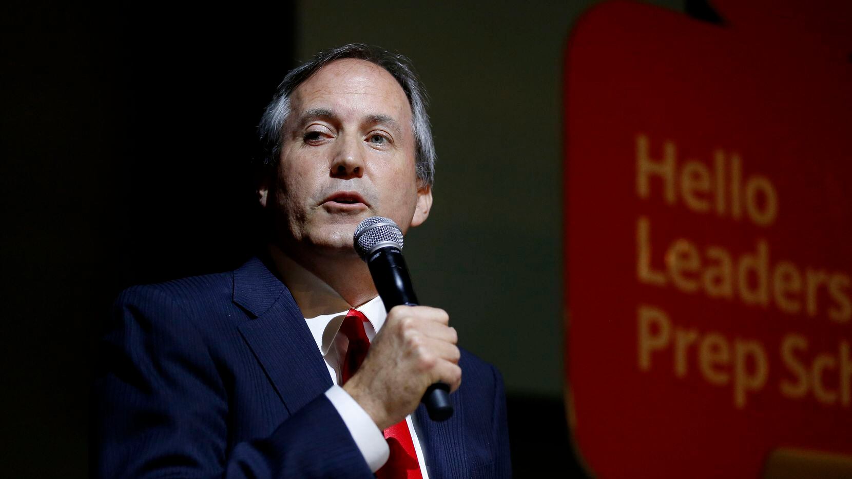 Texas Attorney General Ken Paxton speaks to students while participating during The Online...