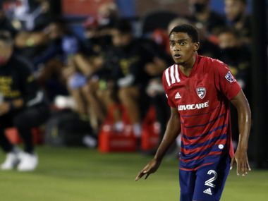 FC Dallas defender Reggie Cannon (2) stays alert in front of the team bench during first half action of their soccer match against Nashville FC. The MLS teams played their soccer match at Toyota Stadium in Frisco on August 16, 2020.