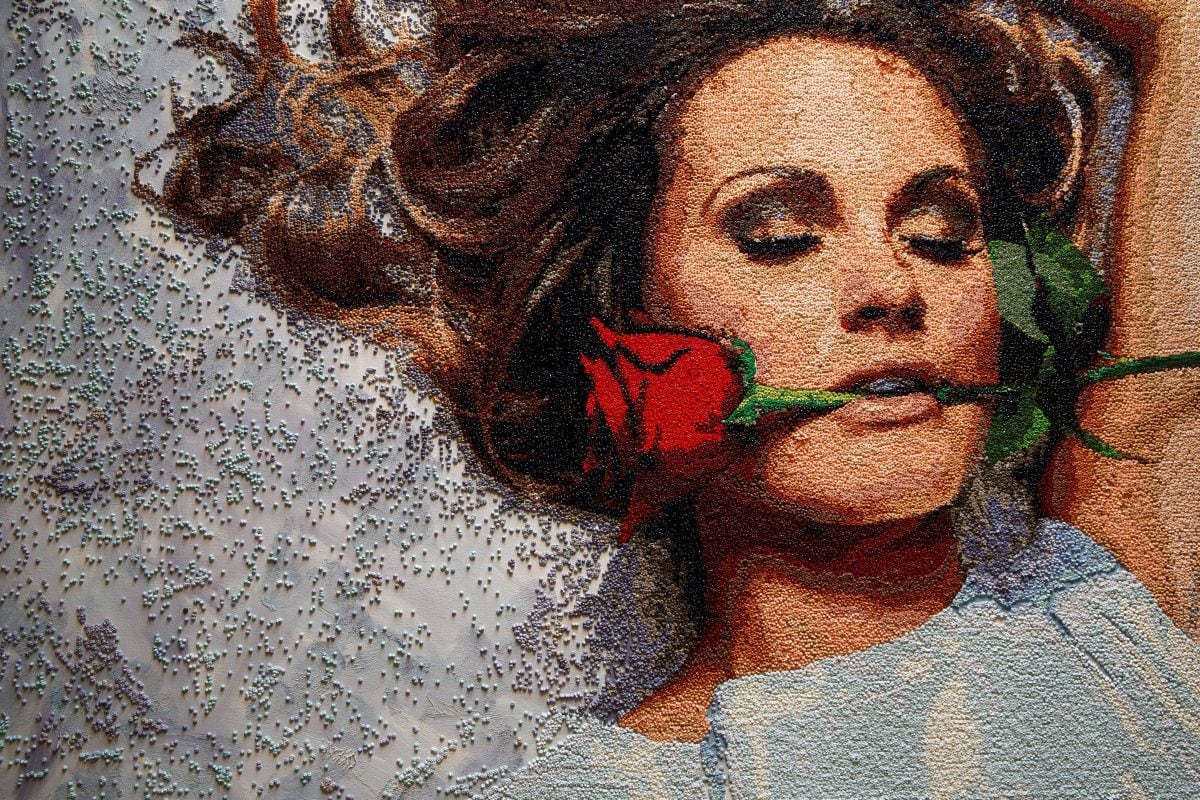 A portion of 8-by-6-foot "Beauty Rose" is on display in Page's Dallas studio.