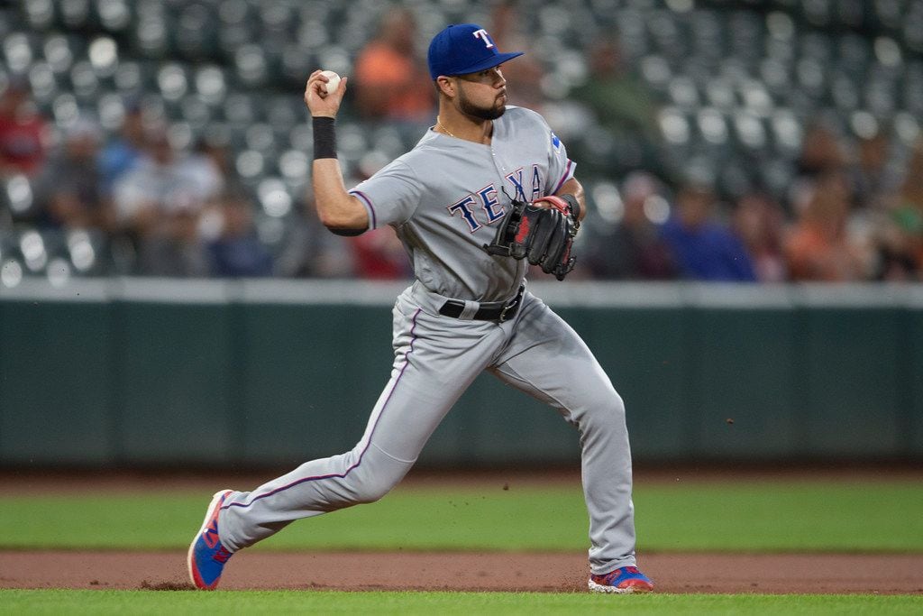 Texas Rangers third baseman Isiah Kiner-Falefa throws to second base for the force out of...