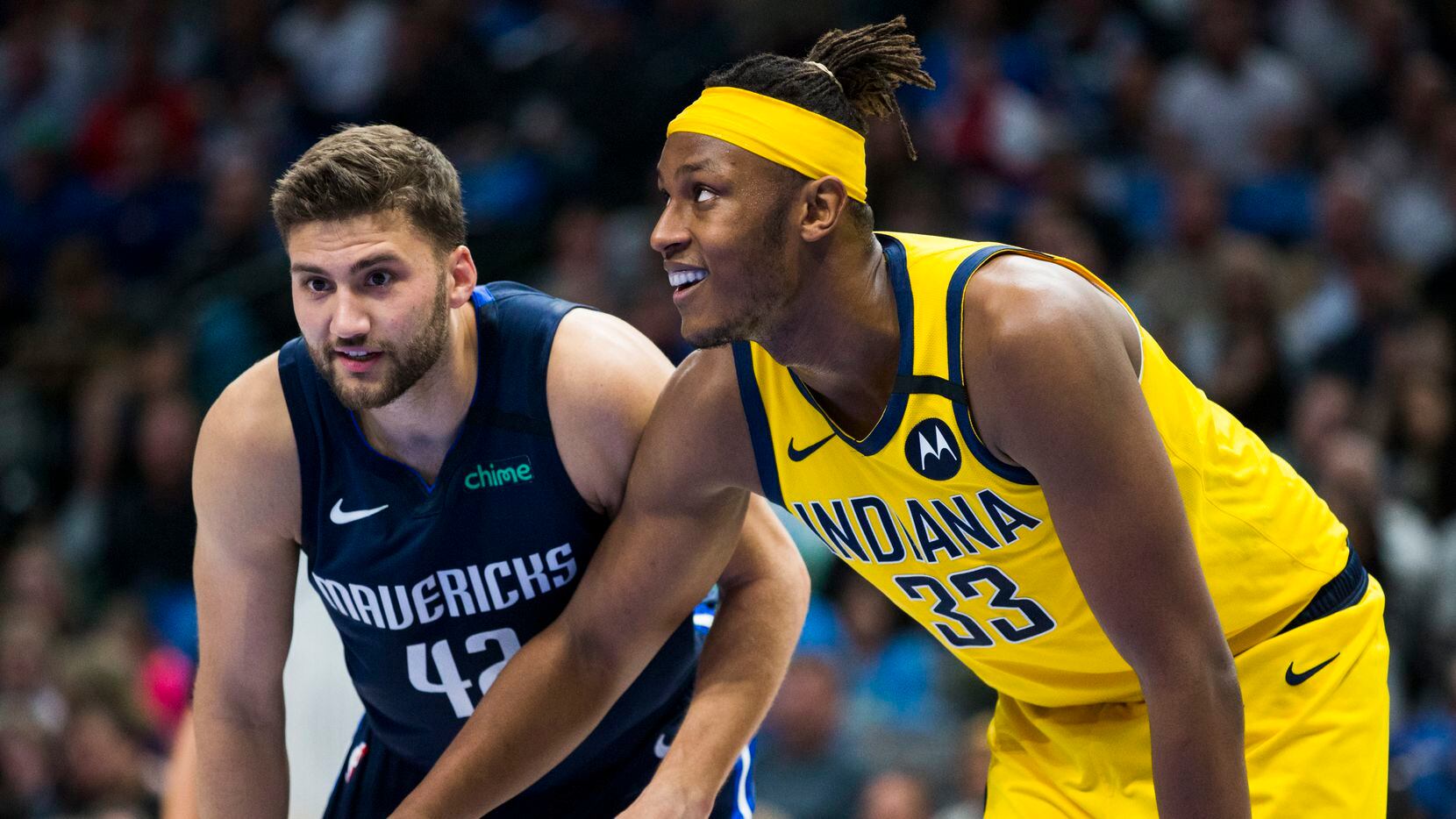 Dallas Mavericks forward Maxi Kleber (42) and Indiana Pacers center Myles Turner (33) looks for a rebound during the second quarter of an NBA game between the Indiana Pacers and the Dallas Mavericks on Sunday, March 8, 2020 at American Airlines Center in Dallas.