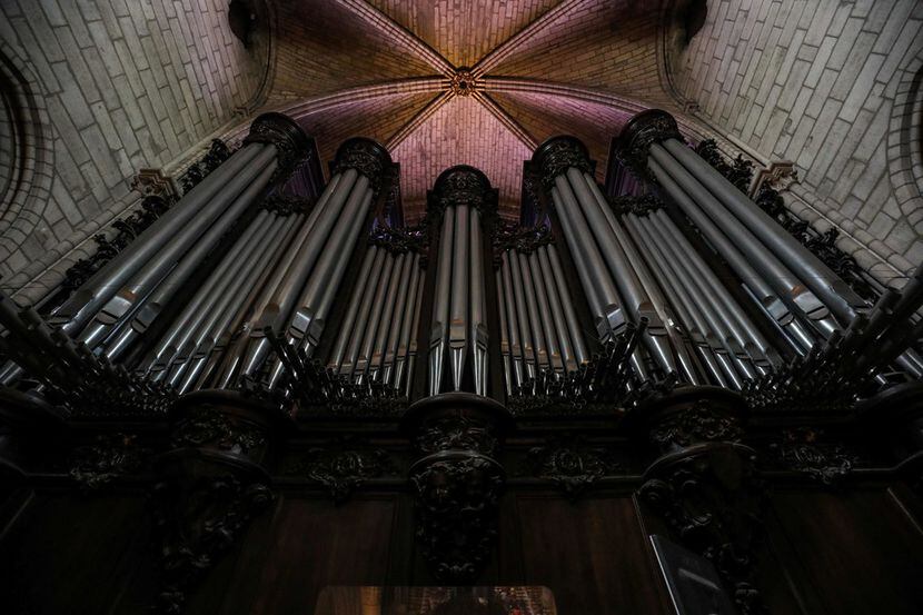 This file photo taken on June 26, 2018 shows the organ at Notre Dame de Paris Cathedral in...