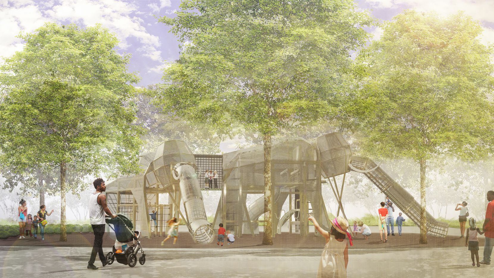 Landscape architect Christine Ten Eyck describes two of the play structures planned for the children's area of the new Harwood Park as “ghost mammoths,” harkening back to the time 100,000 years ago when Columbian mammoths roamed what is now downtown Dallas.