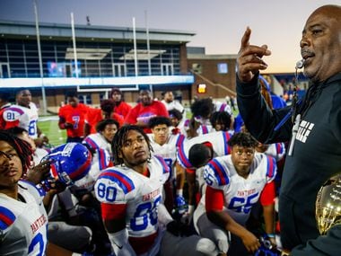 Duncanville Panthers head coach Reginald Samples speaks to his team after a win over Rockwall in the Class 6A Division I state semifinal football matchup on Saturday, Dec. 14, 2019 at McKinney ISD Stadium in McKinney, Texas. (Ryan Michalesko/The Dallas Morning News)