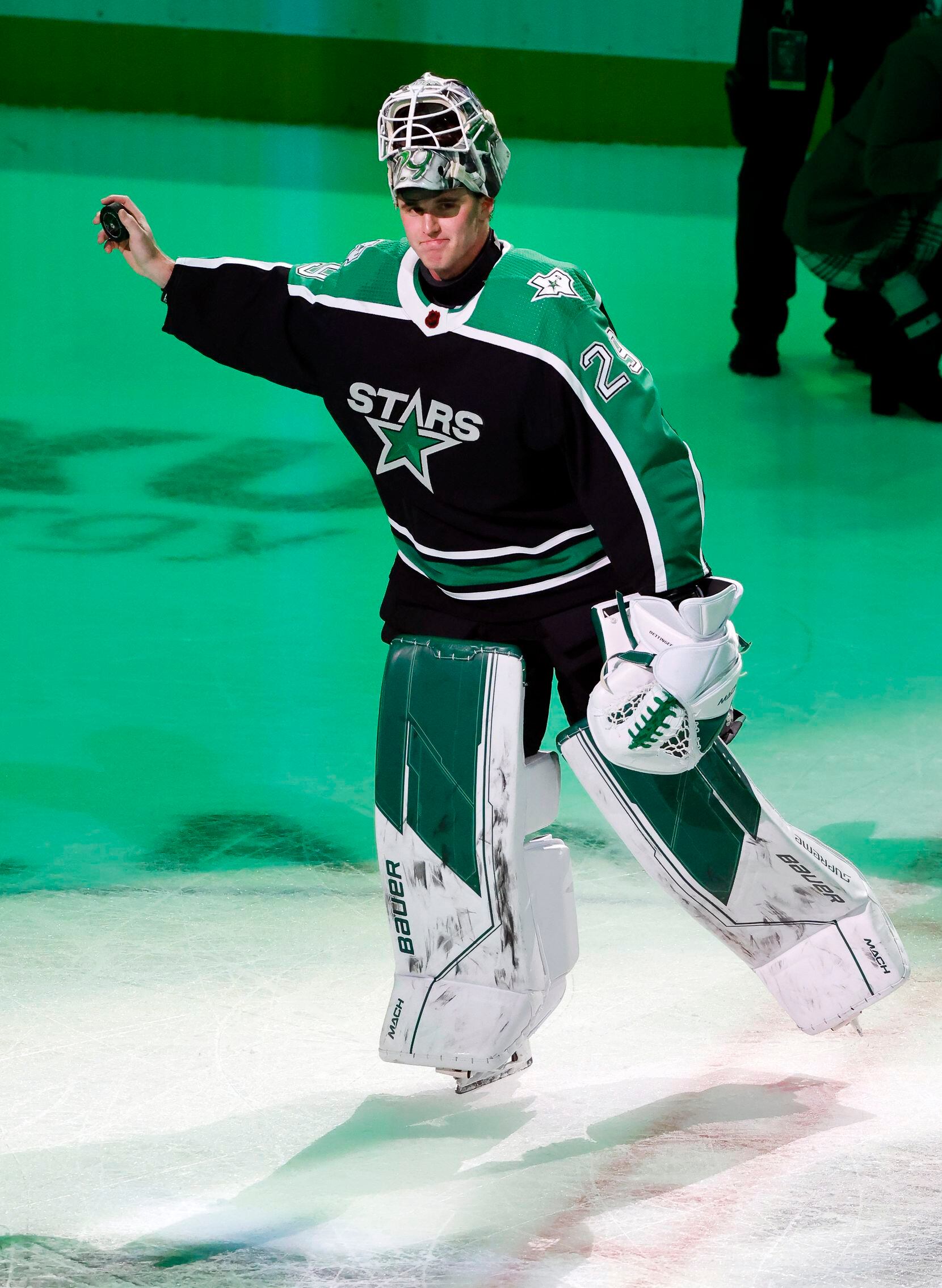 Dallas Stars goaltender Jake Oettinger (29) is one of the three Stars of the game following...