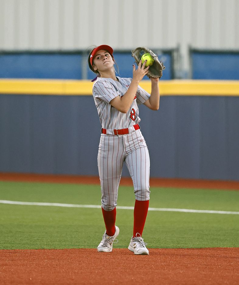 Flower Mound Marcus' Alea DeSerrano (8) catches a fly ball during the game against El Paso...