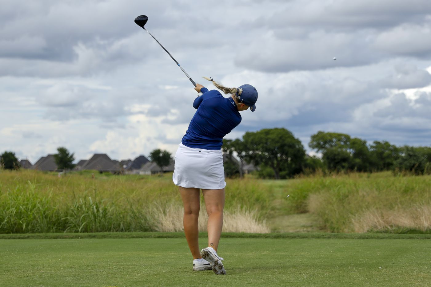 Professional golfer Matilda Castren hits her drive off the No. 1 tee box during the second...