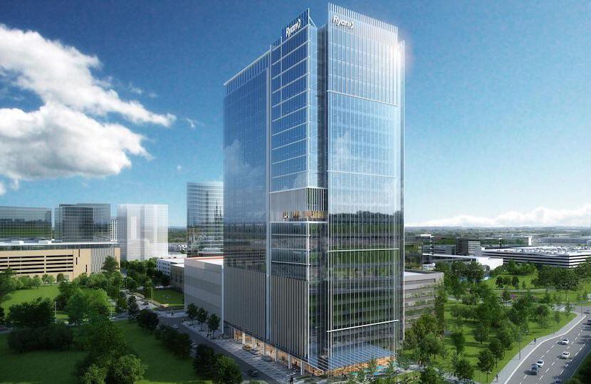 The 23-story high-rise is under construction near the southwest corner of State Highway 121...
