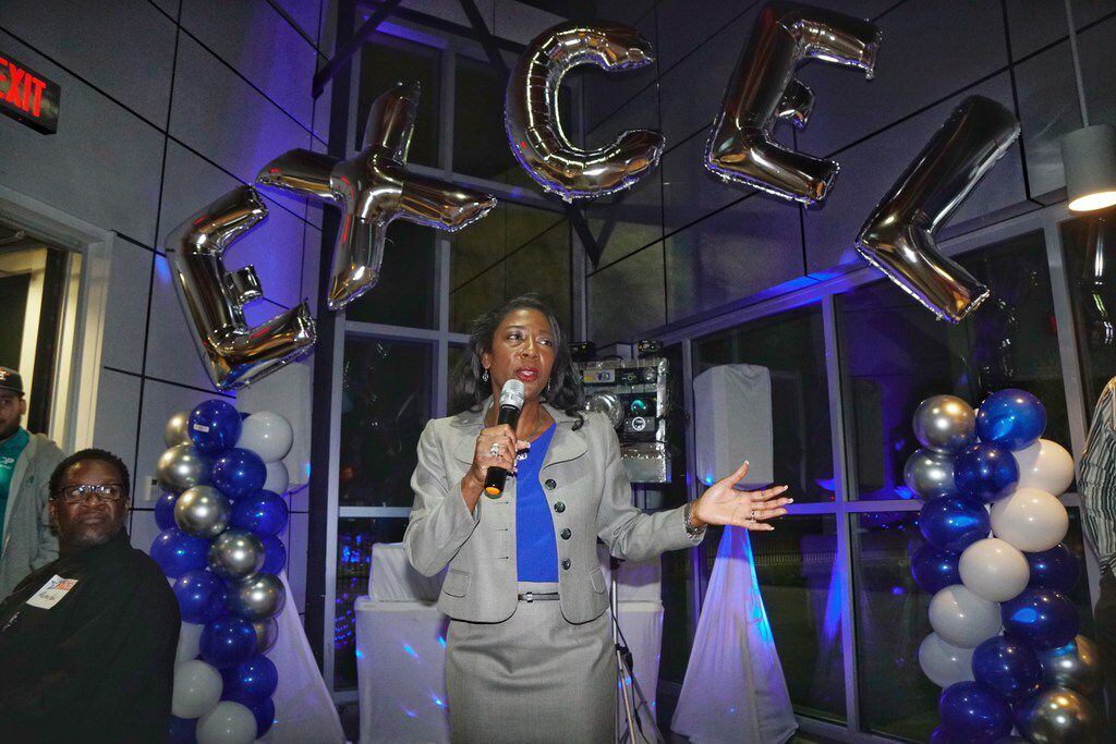 District attorney candidate Elizabeth Frizell speaks to supporters during her election party...