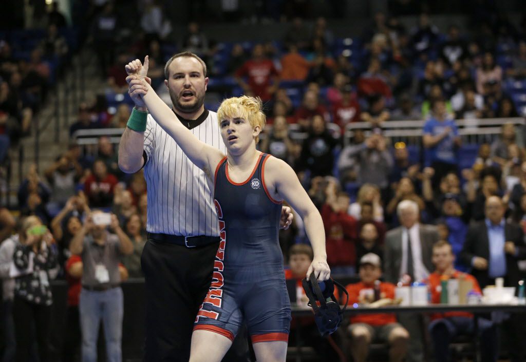 Euless Trinity's Mack Beggs is announced as the winner of the state championship title in...